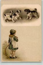 Mädchen mit Reif Drei Hundewelpen mit Mutter Lithographie Welpe Prägedruck