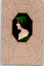 Spinnennetz Frau Lithographie Spinne 1898 Prägedruck