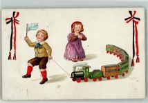 Kinder Eisenbahn zum Ziehen Schwarz-Weiß-Rot Bänder Spielzeug 1914 Künstlerkarte