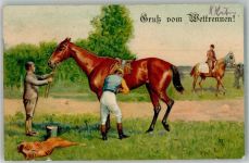 Vorbereitung auf dem Rennplatz Pferderennen 1908 Prägedruck