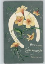 Ein großes Hufeisen und Blumen 1910 AK Geburtstag Hufeisen Prägedruck