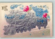 Bonne Fete - Eisenbahn, Vergissmeinnicht Reliefdruck 1911