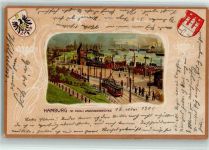 W2000 St. Pauli Landungsbrücke Jugendstilrahmen Wappen 1905 Lithographie / Prägedruck