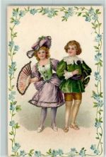 AK mit Glimmerauflage Mittelalter Kinder Fächer Vergissmeinnicht Fächer 1903 AK mit Glitzer