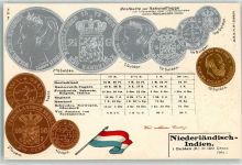Prägedruck Münzen auf AK Nationalflagge Niederländisch-Indien