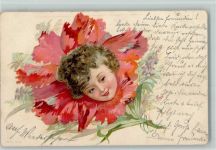 Kinderkopf in der Blüte AK Blüte mit Menschengesicht 1902 Lithographie