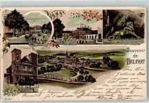 90000 Belfort 1901 Lithographie Le pont sur la Cavourseuse La gare Lion L'Eglise St. Cristophe