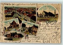06869 O4522 Coswig , Anh Lithographie Gruss aus - Bahnhof mit eisenbahn, Marktplatz, AK