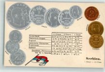 Münzenkarte und Nationalflagge Münzabbildungen Geld auf AK Lithographie Motiv Serbien Prägedruck