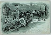 59423 W4750 Unna 1899 Lithographie / Mondschein Marktplatz Denkmal Badehaus Königsborn Wappen