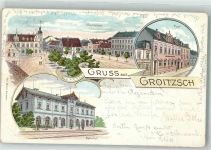 04539 O7222 Groitzsch b Pegau 1900 Gebrauchsspuren Lithographie Bahnhof Marktplatz Post