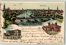 89231 W7910 Neu-Ulm 1903 Lithographie Portal d. Friedens-Kaserne Bahnhof Donau Eisenbahnbrücke
