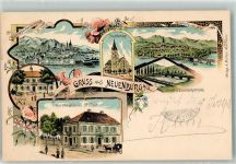 79395 W7844 Neuenburg am Rhein 1901 Lithographie Bierbrauerei Müller Stadtkirche Rathaus Schiff- u. Eisenbahnbrücke Bahnpost Müllhausen