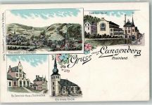 42549 W5620 Langenberg , Rheinl Lithographie Städt. Bade-Anstalt alte Ev. Kirche Ev. Gemeinde-Haus u. Töchterschule