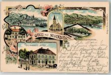 79395 W7844 Neuenburg am Rhein 1901 Lithographie Bierbrauerei Müller Stadtkirche Rathaus Schiff- u. Eisenbahnbrücke