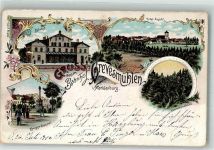 23936 O2420 Grevesmühlen 1900 Lithographie Kriegerdenkmal Bahnhof Kammerherrnbrücke
