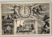 98673 O6120 Eisfeld 1908 - Marktstraße Königsbrunnen Glocken Engel 0 Uhr Mitternacht Neujahreskarte