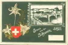Basel Bâle mittlere Rheinbrücke echtes Edelweiss Applikation AK mit gepresstem Edelweiß