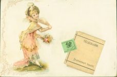 Aufgeklebtes auffaltbares Telegramm Frau Mode Hutmode Lithographie Fächer AK mit Papierapplikation