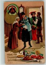 Home for Thanks Giving , Familienfest Thanksgiving 1910 Lithographie / Prägedruck