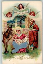 Tuch des Christkindes mit echter Stoff Applikation, Engelköpfe Esel Weihnachten AK Krippe 1900 Lithographie / Prägedruck