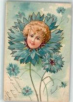 Kornblumen Jugendstil Blüte mit Menschengesicht 1898 Lithographie / Künstlerkarte