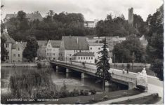 86899 W8910 Landsberg um 1950/60 - Landsberg am Lech, -Karolinenbrücke-, Statue, Burgturm,E.Feldbauer AKU1