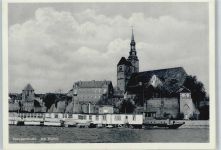 39590 O3504 Tangermünde - Fluss Schiff Kirche Baum