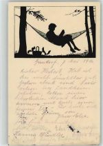 E Nr. 39 Schattenbild Künstler sign Carus Hängematte Künstler 1916