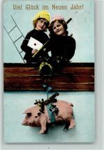Neujahr - Kinder mit einem Schwein und Hufeisen AK Schornsteinfeger 1910