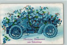 Automobil aus Blüten - Vergissmeinicht - Geburtstag AK Blütenbild 1911 Prägedruck