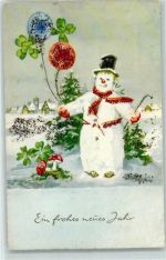 Neujahr Schneemann mit Luftballons AK mit Glimmerauflage Schneemann 1960 AK mit Glitzer