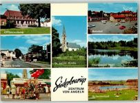 24392 W2347 Süderbrarup - Rückseite mit Abschürfungen bzw Kleberesten Amtsverw. Bahnhof Schwimmbad Marktszene