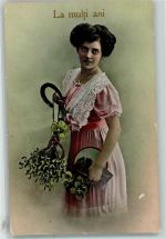 Folienkarte / Lackkarte Neujahr Frau AK Hufeisen Gebrauchsspuren