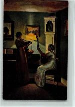 Alfred Broge - Duett - Hausmusik mit Geige und Gitarre AK Dänische Kunst 1918 Künstlerkarte