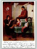 Albert Anker - Grossvater und Kinder, Kachelofen , Buch lesen Künstler 1947