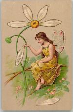 Prägedruck Er liebt mich, er liebt mich nicht Blüten zupfen Lithpgraphie Elfe 1900 Gebrauchsspuren