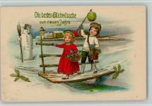 Kinder gehen über Brücke vierblättriger Klee SChneemann Schneemann Künstlerkarte