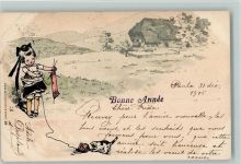 sign F.R. - Mädchen beim Stricken 1905 litho AK Stricken