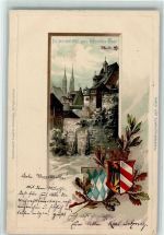 W8500 Nürnberg Wöhrder Tor Lithographie/Prägedruck Wappen 1899 Gebrauchsspuren