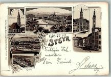 4400 Steyr 1898 Lithographie Waffen- Fabrik Kaserne Stadtpfarr- Kirche Rathaus Stadtplatz