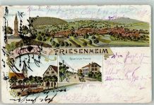 77948 W7632 Friesenheim , Baden 1900 Gebrauchsspuren Kriegerdenkmal Kirche Rathaus Kaiserliches Postamt Lithographie