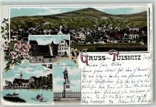 01896 O8514 Pulsnitz 1898 Gebrauchsspuren Marktplatz Schlosteich Rietschel-Denkmal Lithographie