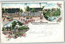 10115 W1000 Halensee Gebrauchsspuren Gruss aus dem Wirtshaus C. Saeger Gasthaus Straßenbahn Ruderboot Kutsche fahne Schwarz-Weiß-Rot Blumen Lithographie