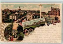 04651 O7232 Bad Lausick 1906 Lithographie Postamt Rathaus Kurpark Bahnhof Fahrrad Vögel Blumen Gruss