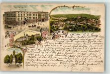 07973 O6600 Greiz 1900 Lithographie Hotel Thüringer-Hof Unteres Schloß Kaiser Wilhelm-Denkmal