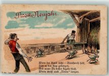 Lithographie Glückwunsch Neujahr Kegeln Tiere Vorläufer Gebrauchsspuren