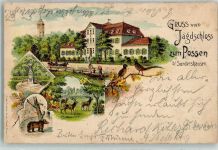 99706 O5400 Sondershausen , Thür 1902 Lithographie Jagdschloß zu Possen Rebhuhn Bärenzwinger Hirsch Denkmal