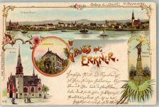 15537 O1250 Erkner 1899 Lithographie Lindenbad Kirche Friedens-Denkmal