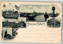 39240 O3310 Calbe 1900 Lithographie Rathaus Denkmal Wasserturm Wilhelmsgarten Kath. Kirche Kaiserl. Postamt Ev. Kirche